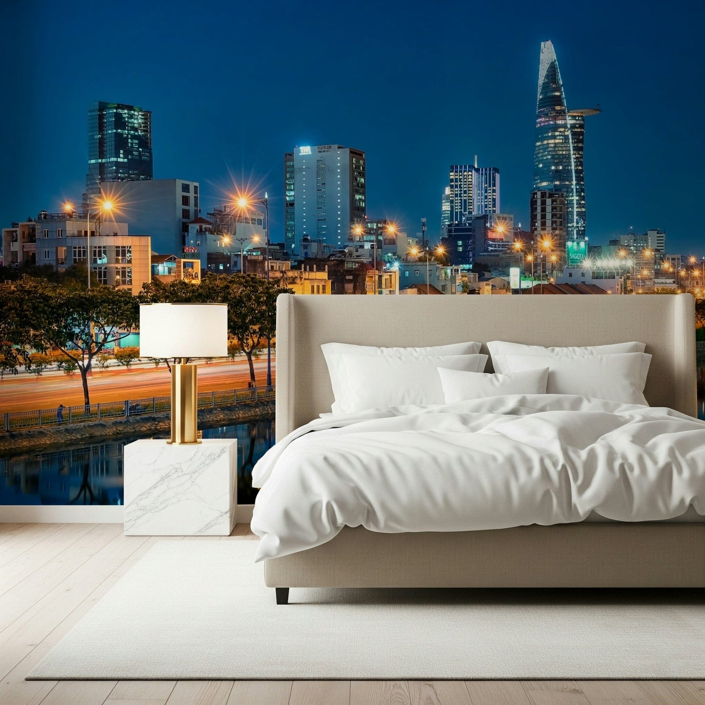 Saigon skyline night wall mural with city lights over the river