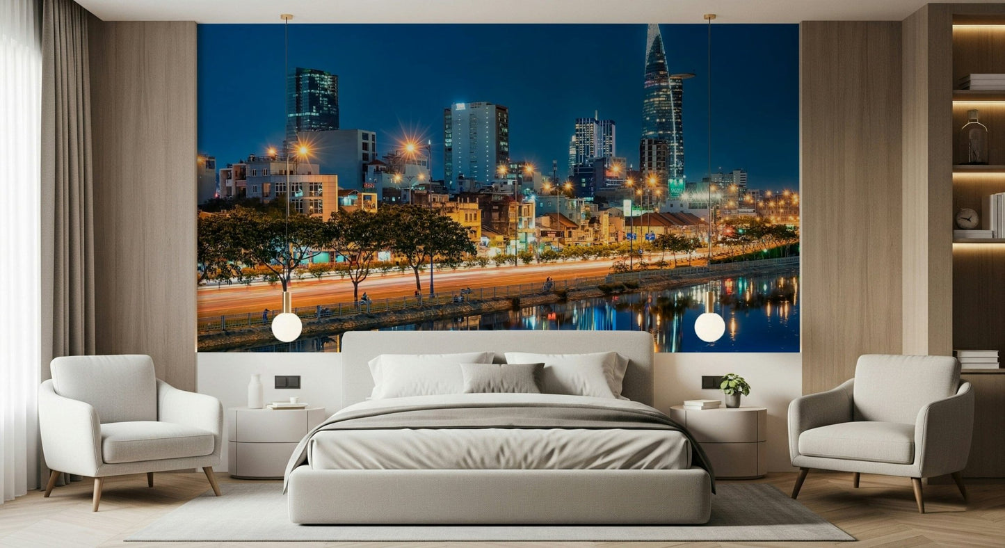 Vietnam Saigon skyline night mural with modern buildings and lights