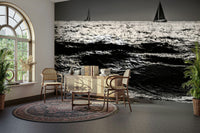 A calming boat sailing wallpaper mural that defines a space.


