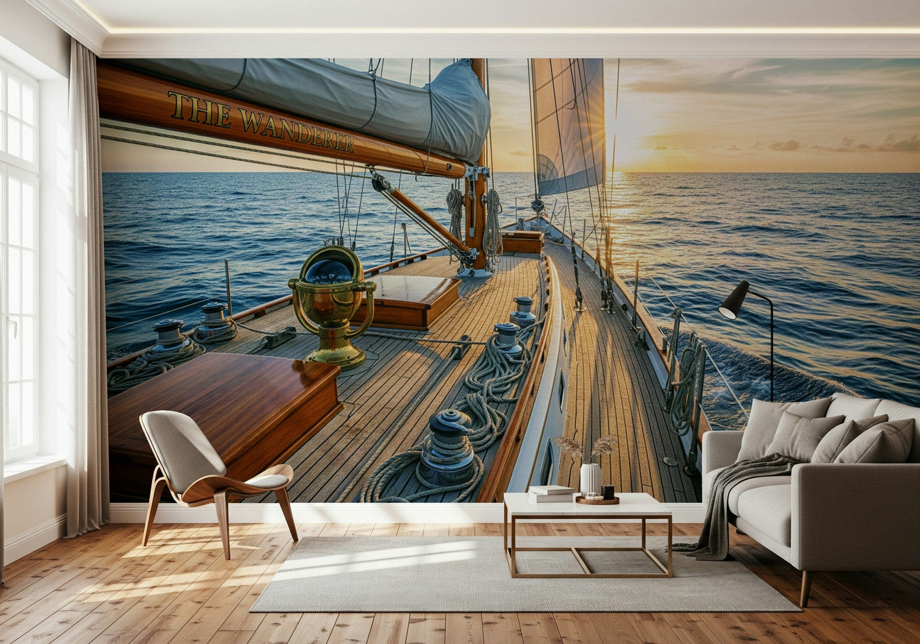 Coastal sailing scene wall mural in modern living room, blue and beige tones