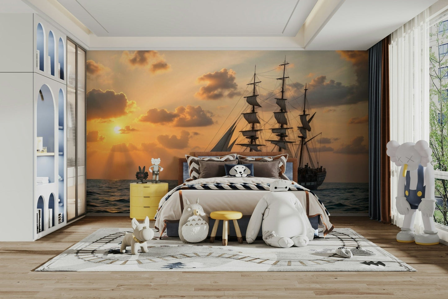 A detailed image of a wall mural featuring a sailboat at sunset.

