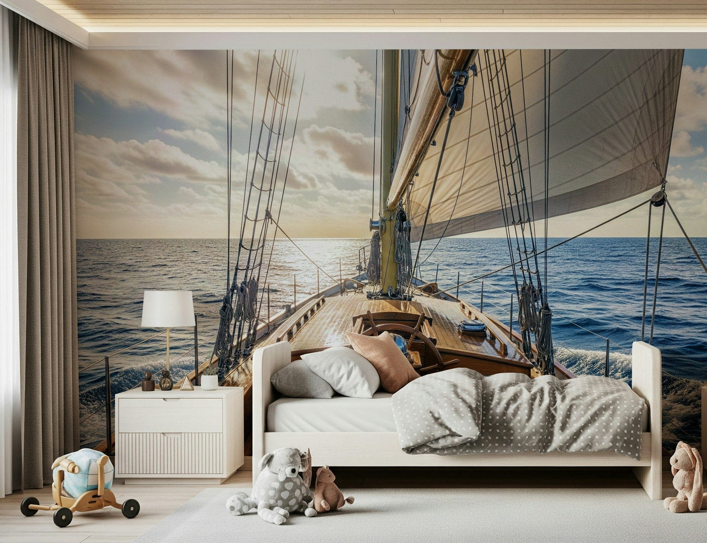 Sailboat horizon wall mural in dining area, modern coastal wall decor style