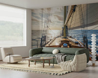 Sailing Away wall mural behind TV unit, blue coastal scene for modern room