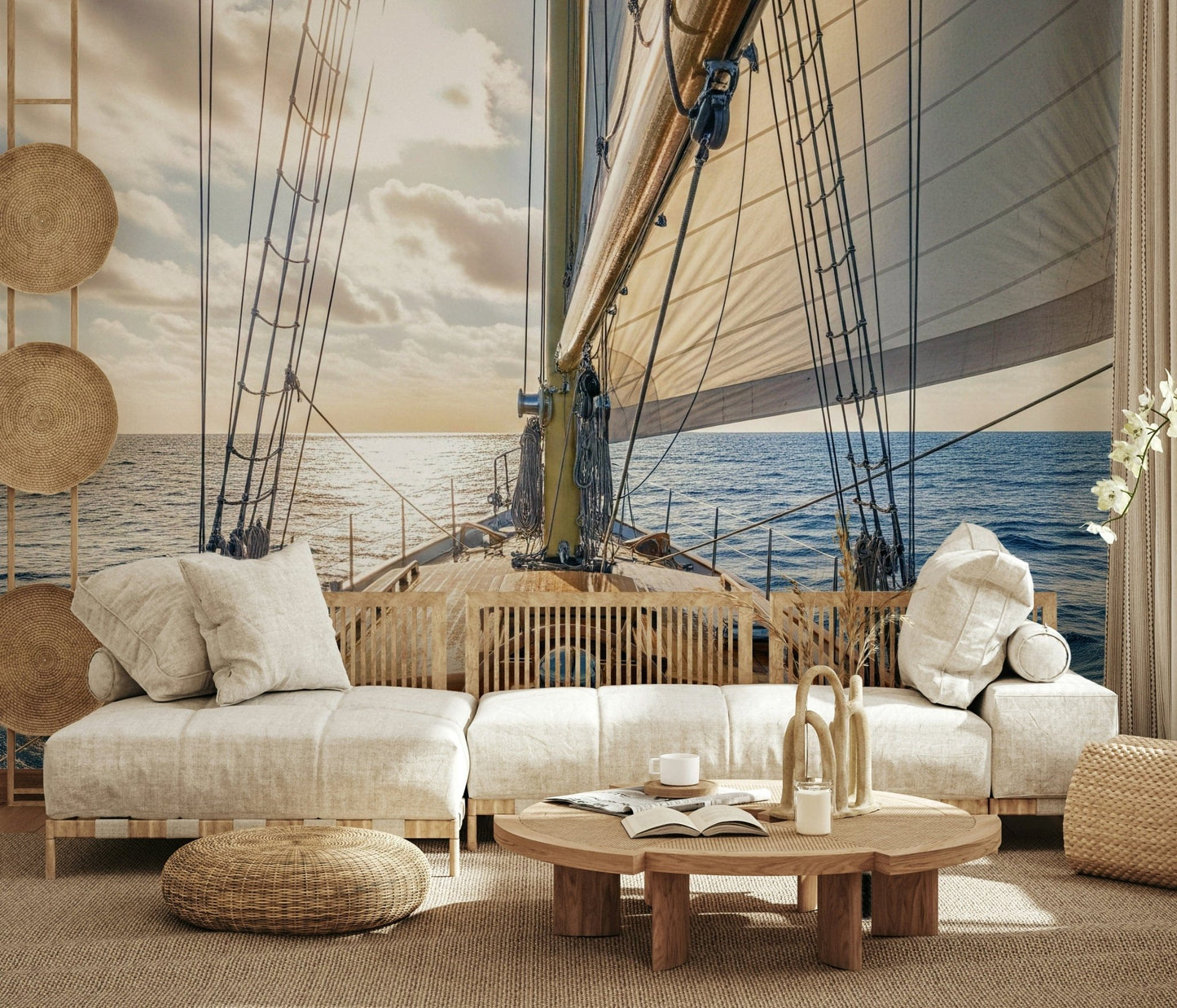 Calm sailboat wall mural in nursery, gentle sea and sky colors