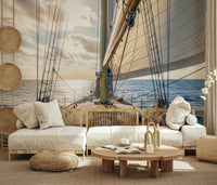 Calm sailboat wall mural in nursery, gentle sea and sky colors
