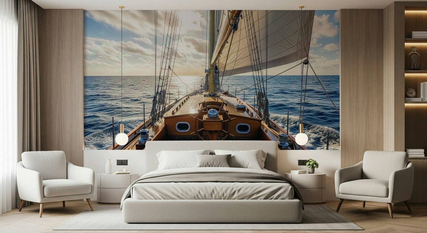 Sailing scene mural behind gray sectional, modern coastal living room backdrop
