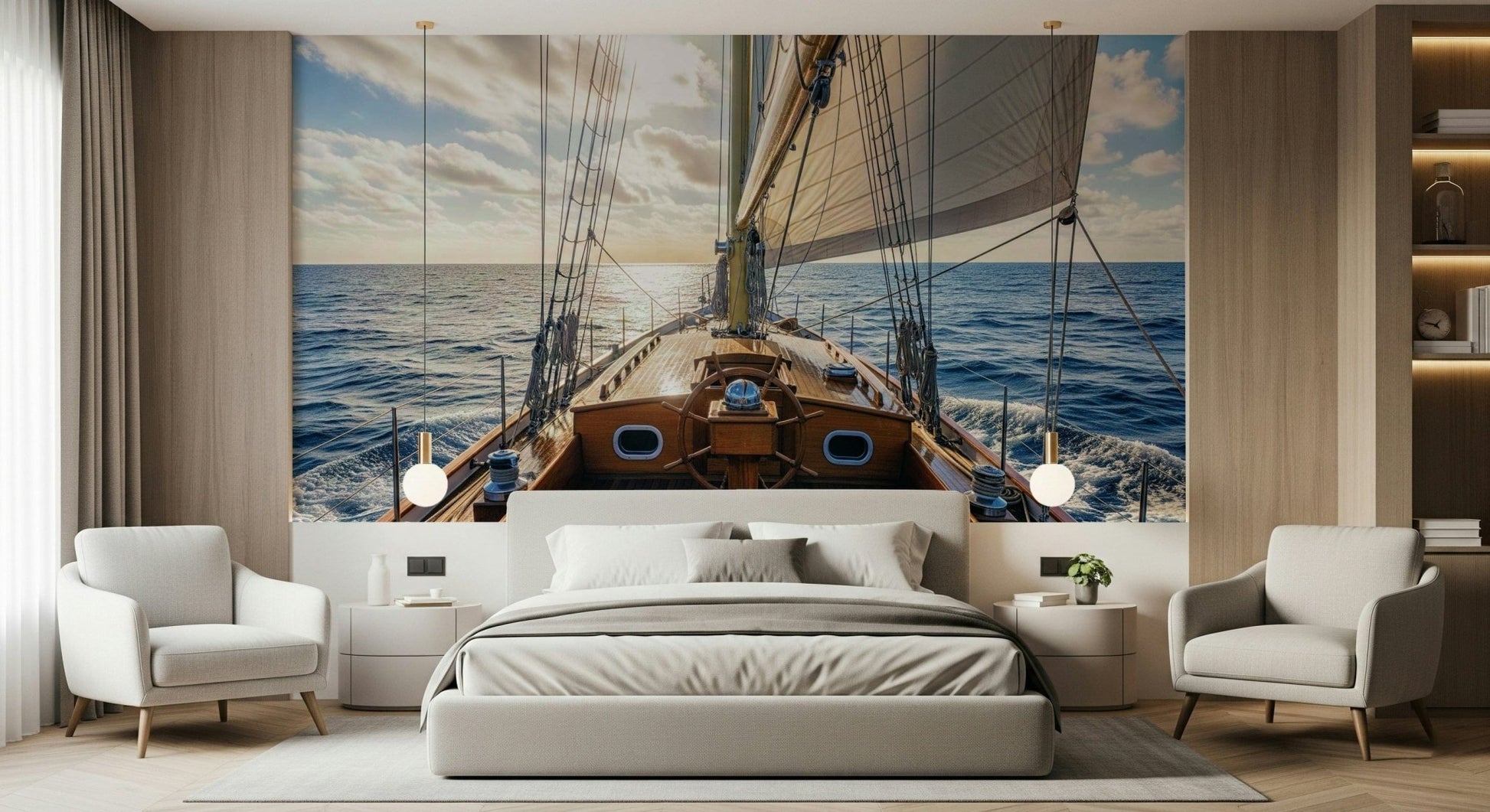 Sailing scene mural behind gray sectional, modern coastal living room backdrop