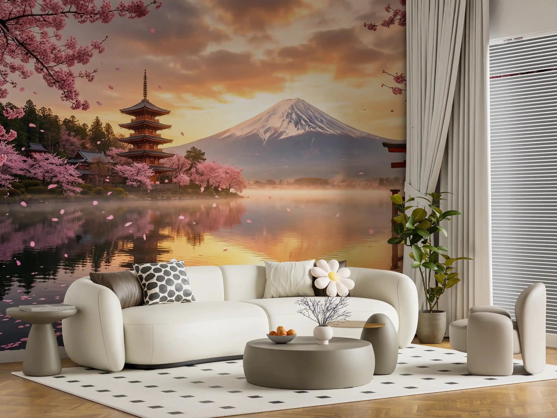 Japanese nature scene featuring blooming trees and Mount Fuji wall mural.