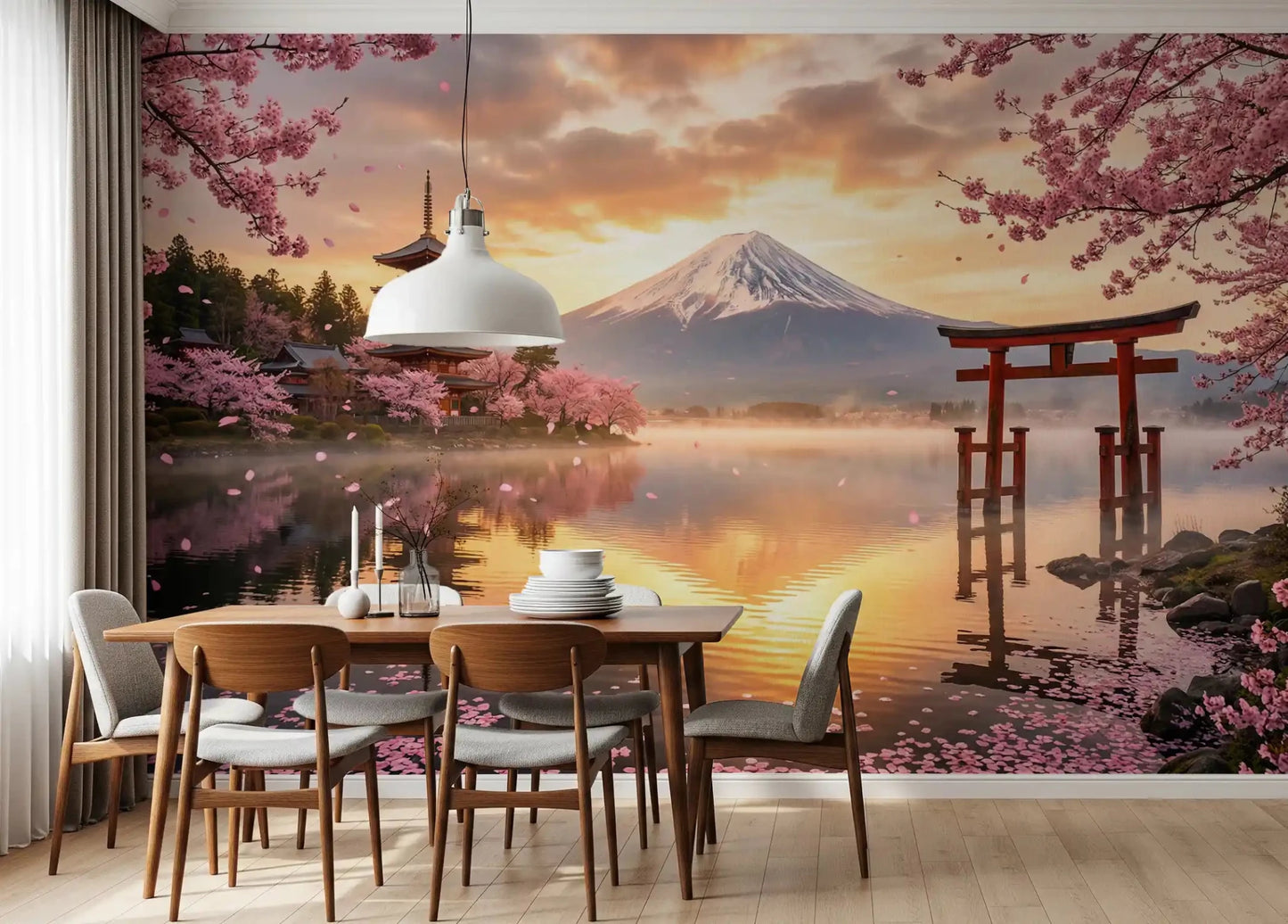 Warm golden hour lighting on a traditional sakura landscape wall mural dor a dining area.