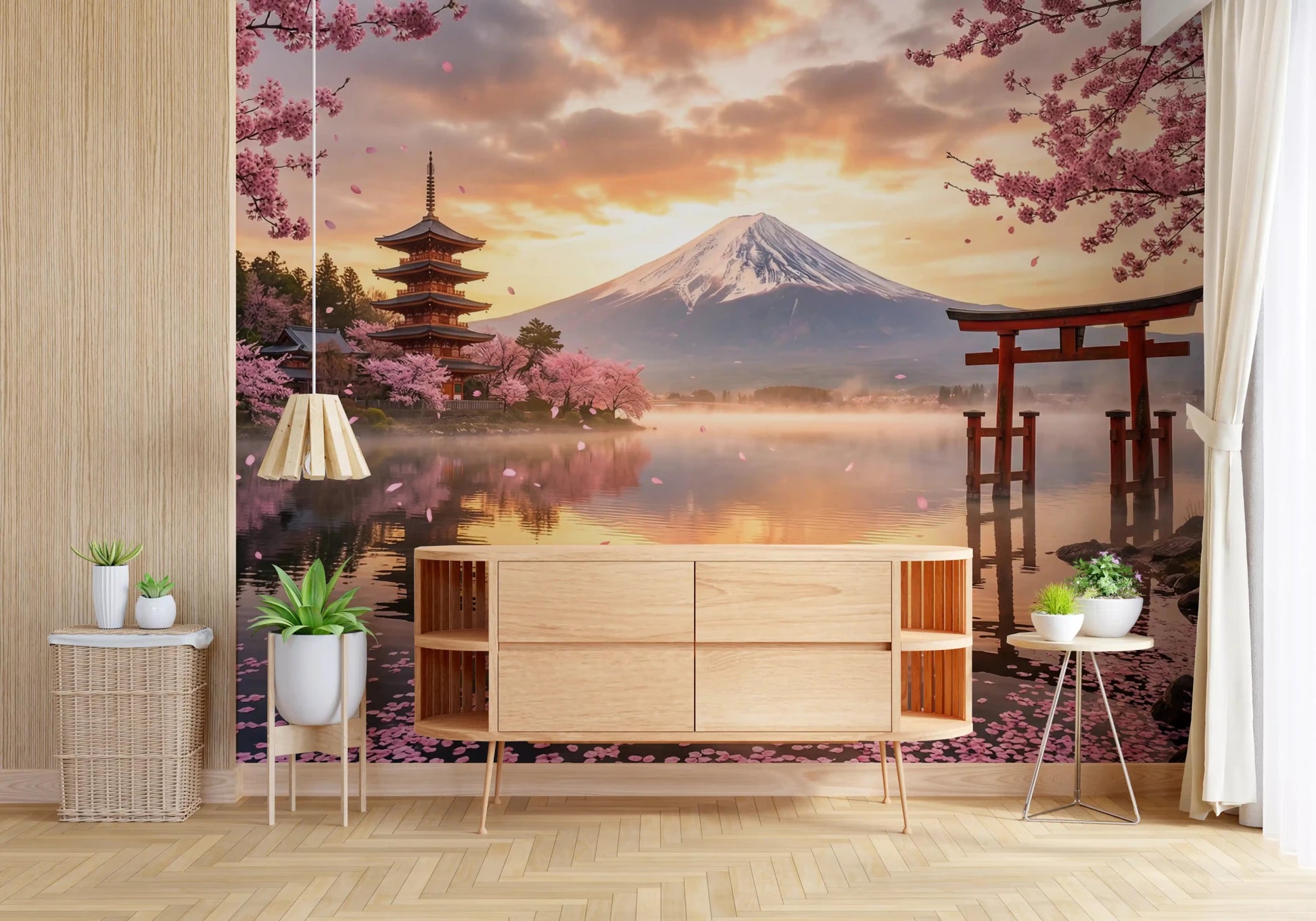 Sakura Vista at Fuji's Golden Hour Wall Mural in pastel colors.