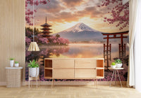 Sakura Vista at Fuji's Golden Hour Wall Mural in pastel colors.