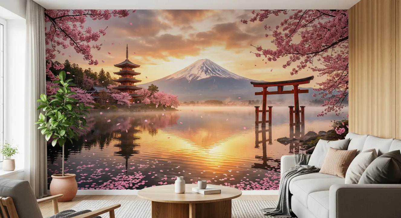 Sakura Vista at Fuji's Golden Hour Wall Mural with pink cherry blossoms.
