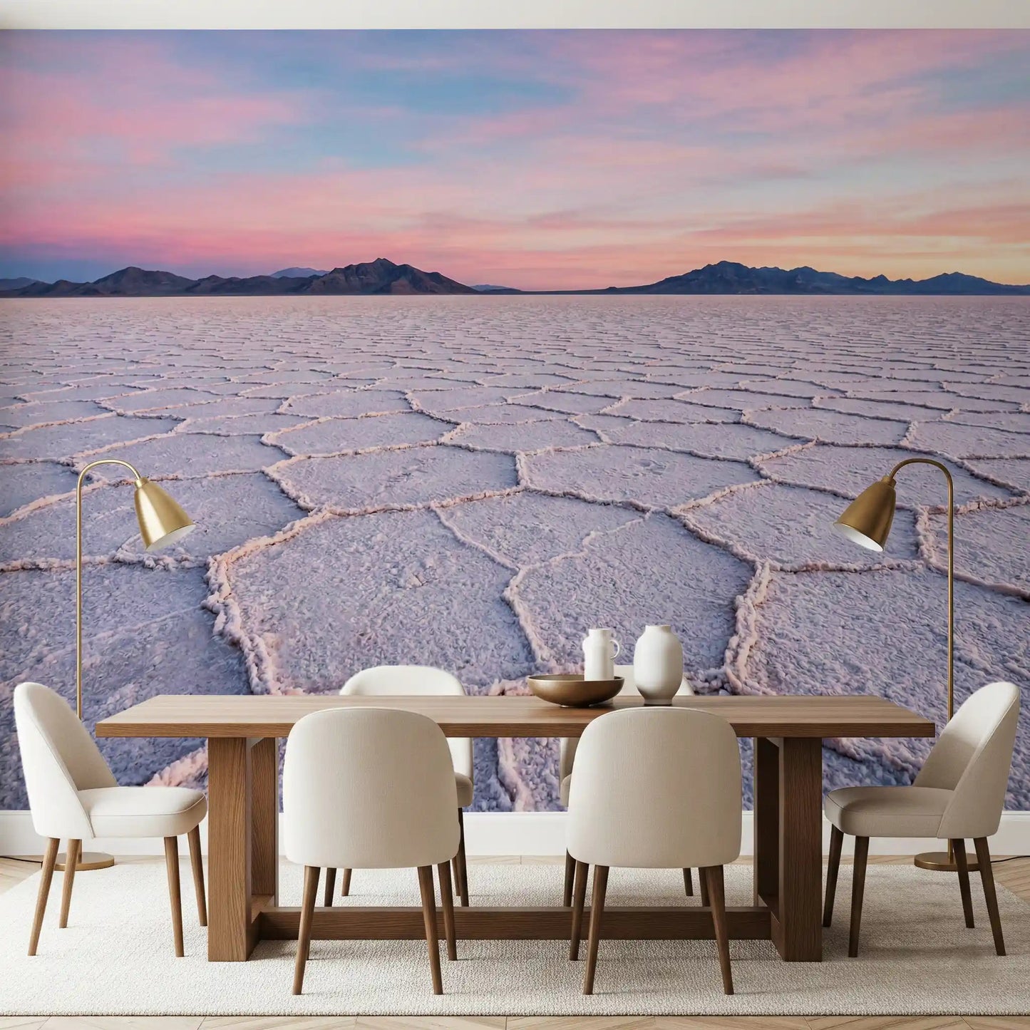 Premium salt flats wall mural bringing tranquility to a dining room.