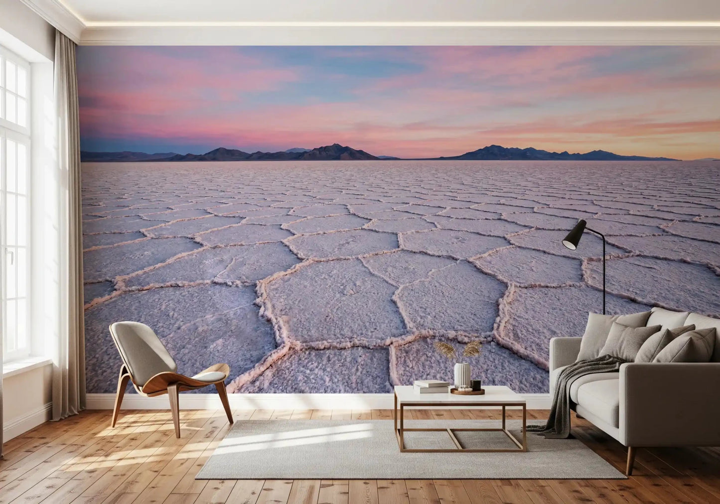 Peel and stick salt flats wall mural for a calming hallway design.