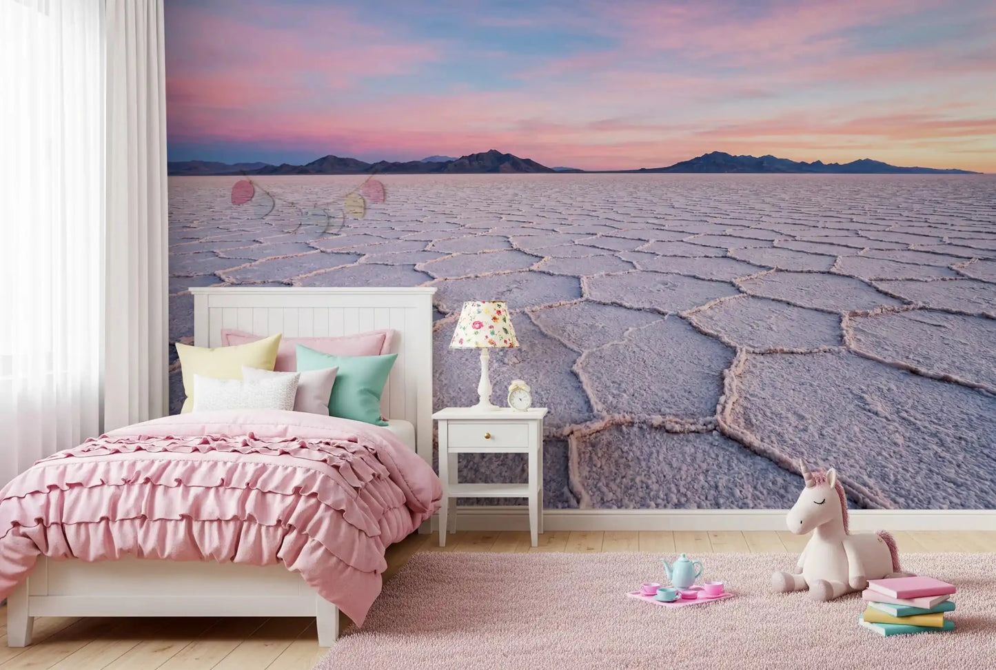 Salt flats mural for nursery with a soft pink sky.