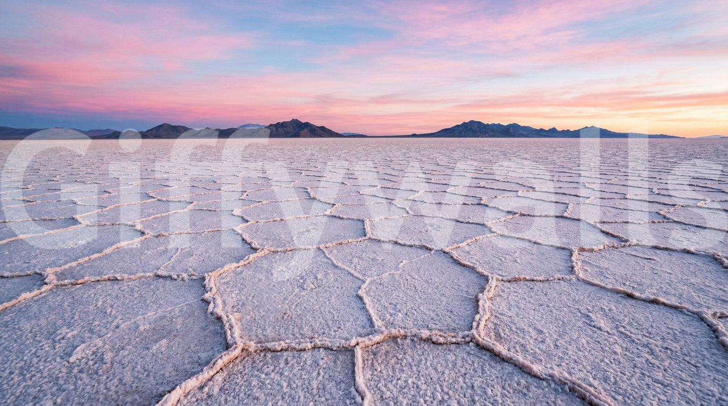 Wall mural of salt flats with a pink sunset in the distance.