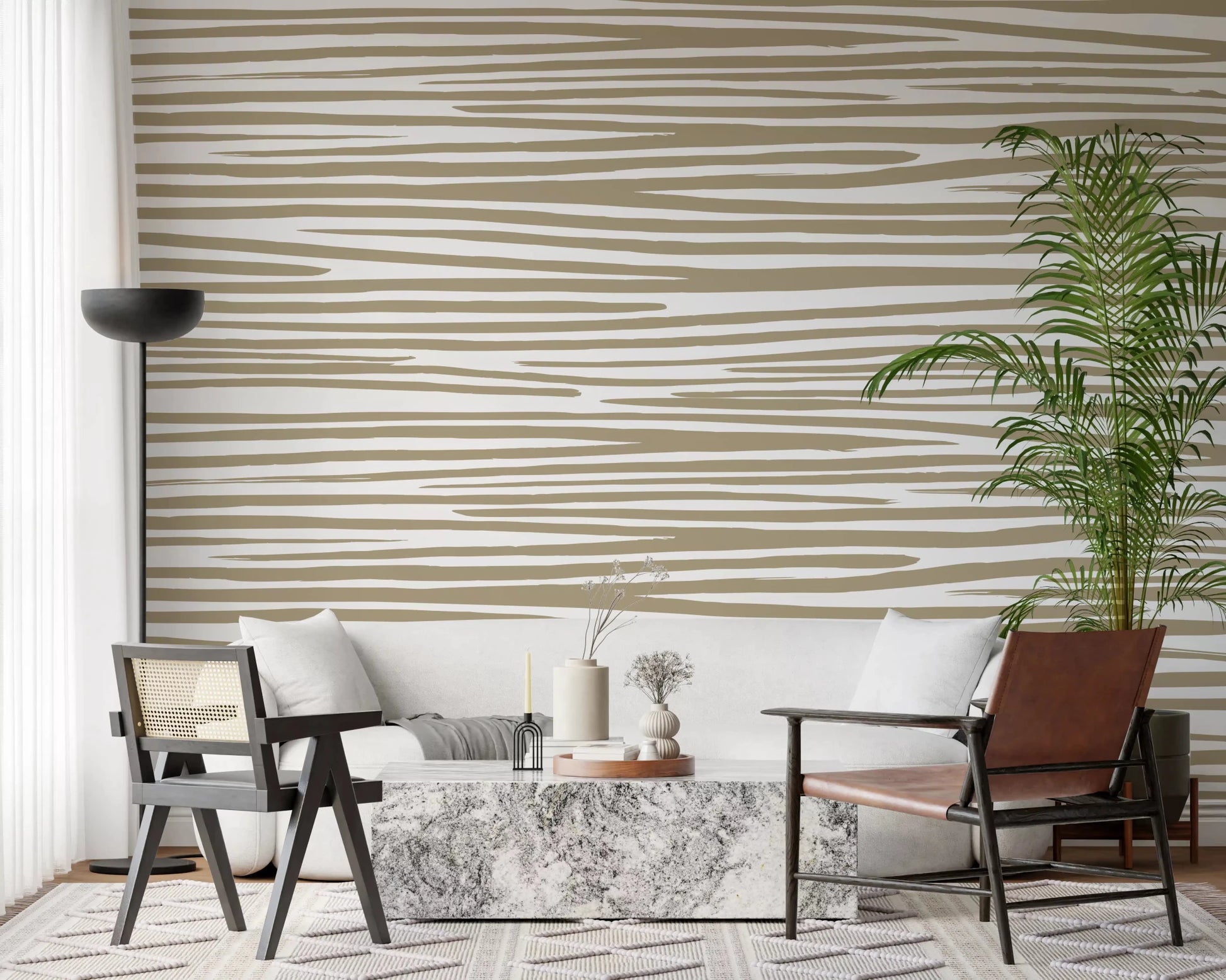 Minimalist Sand Stripe Flow Wall Mural in tan and white