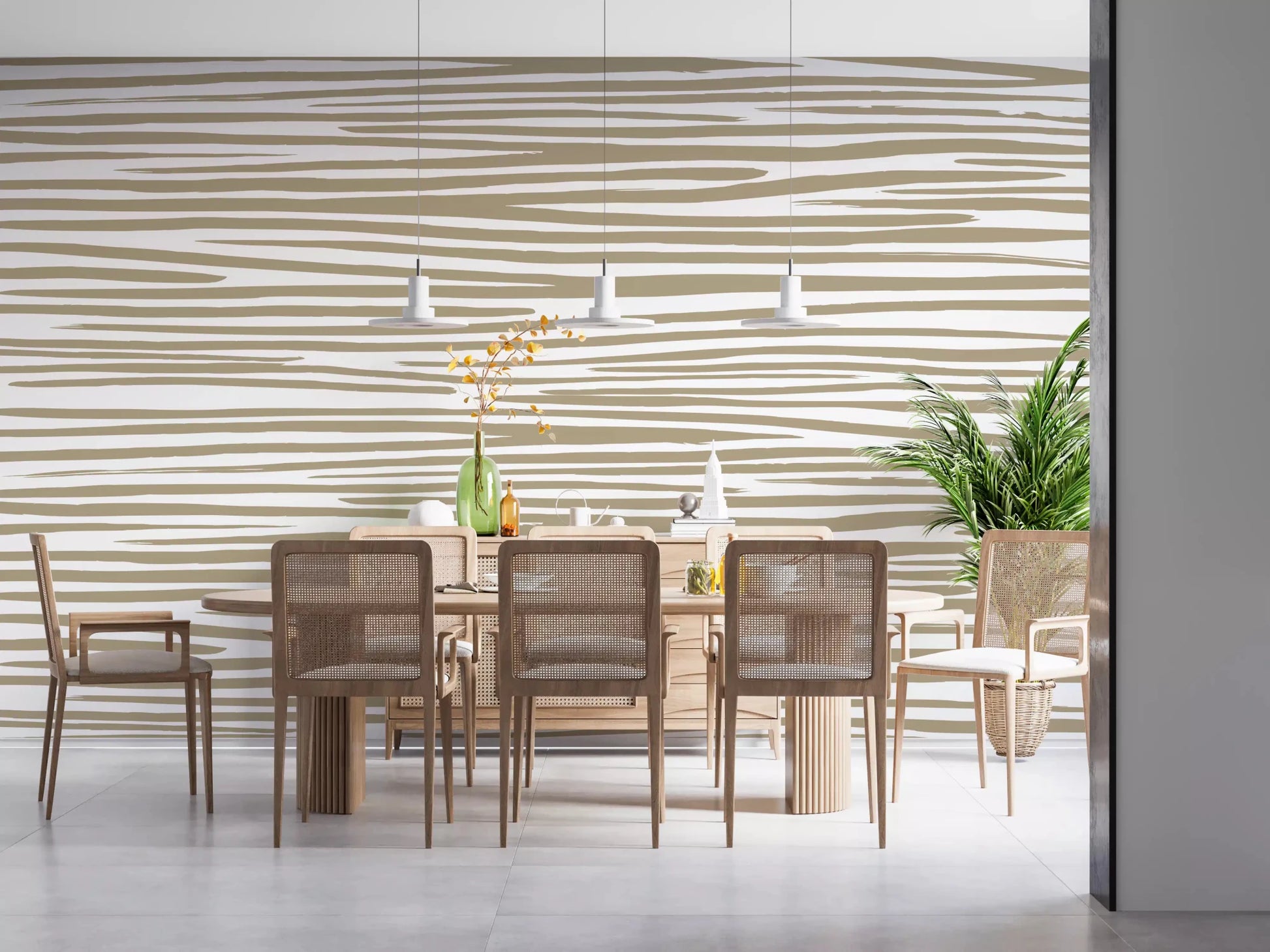Hand-drawn style Sand Stripe Flow Wall Mural for dining room with organic stripes
