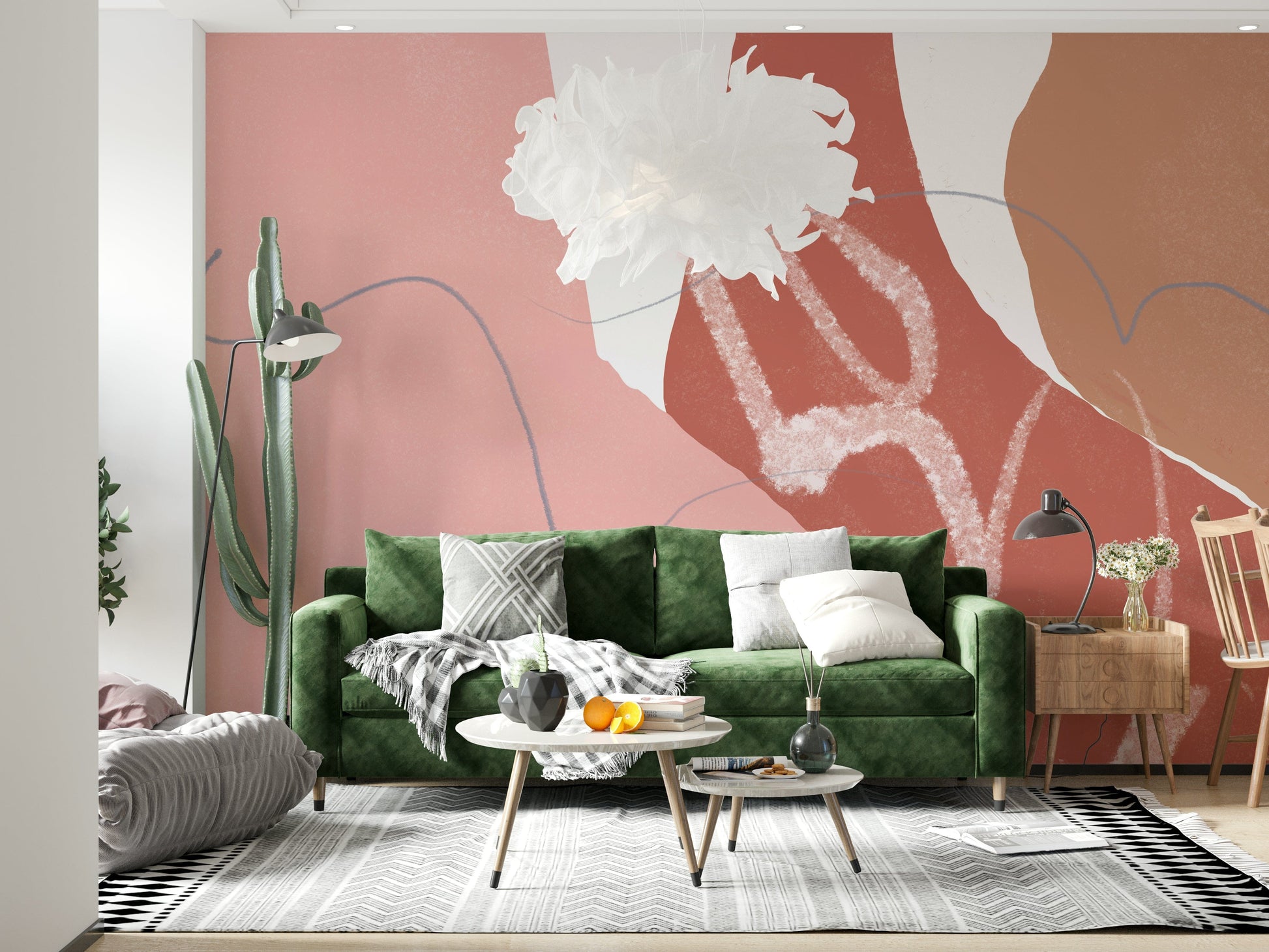 A muted abstract wallpaper with sandy blush layers and lightly sketched wave lines.