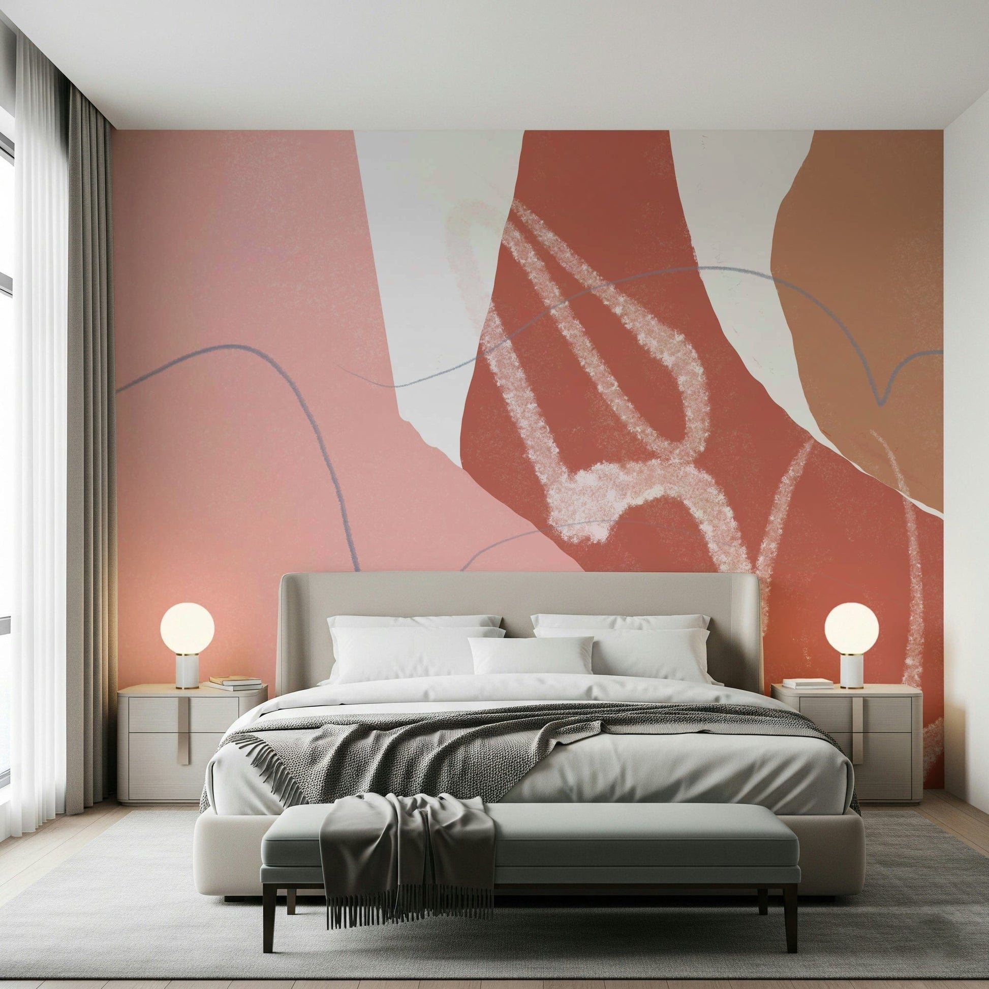 Soft blush and beige shapes blending into gentle curves in this serene abstract wallpaper.