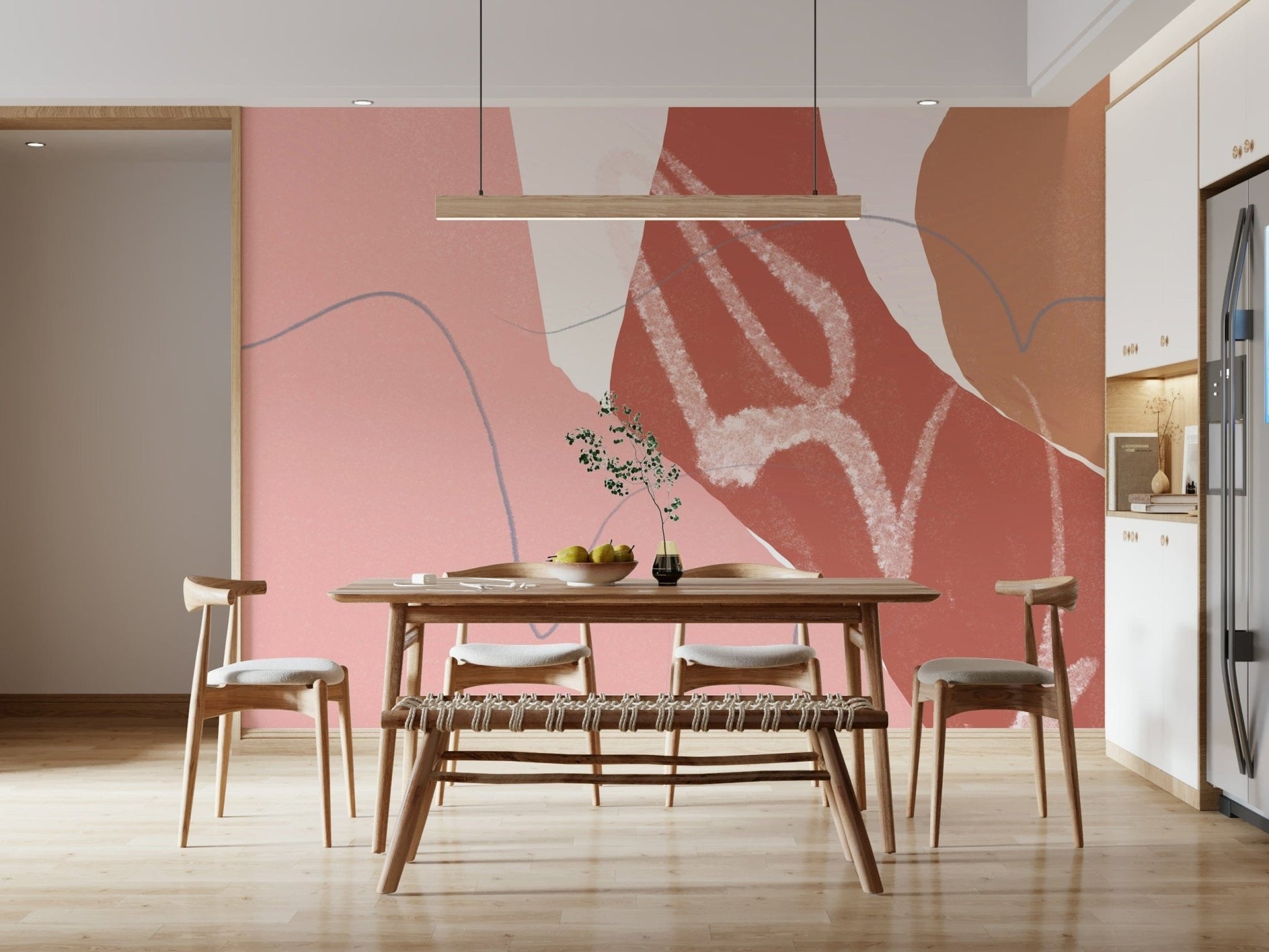 A modern blush wallpaper featuring sweeping sandy curves and delicate hand-drawn lines.