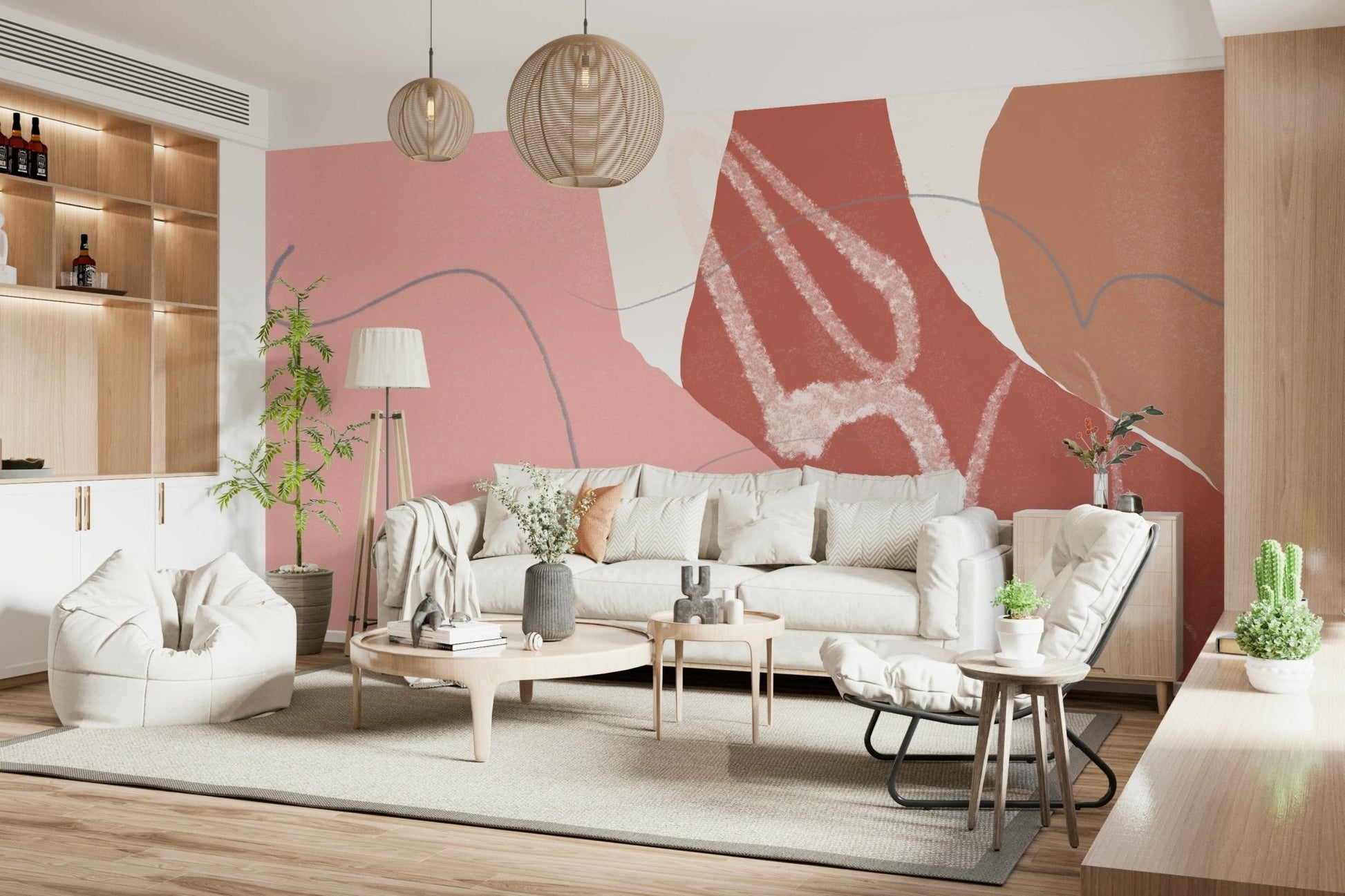 A calming abstract wallpaper in sandy pink tones with fluid, wave-inspired forms.
