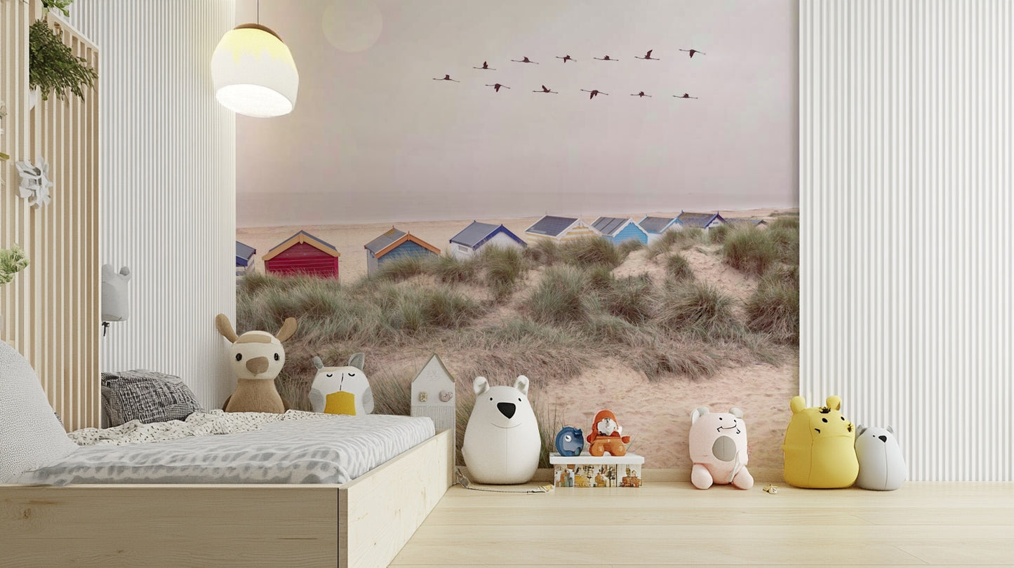 Peaceful coastal scene mural with gentle waves and soft sand.

