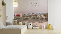Peaceful coastal scene mural with gentle waves and soft sand.

