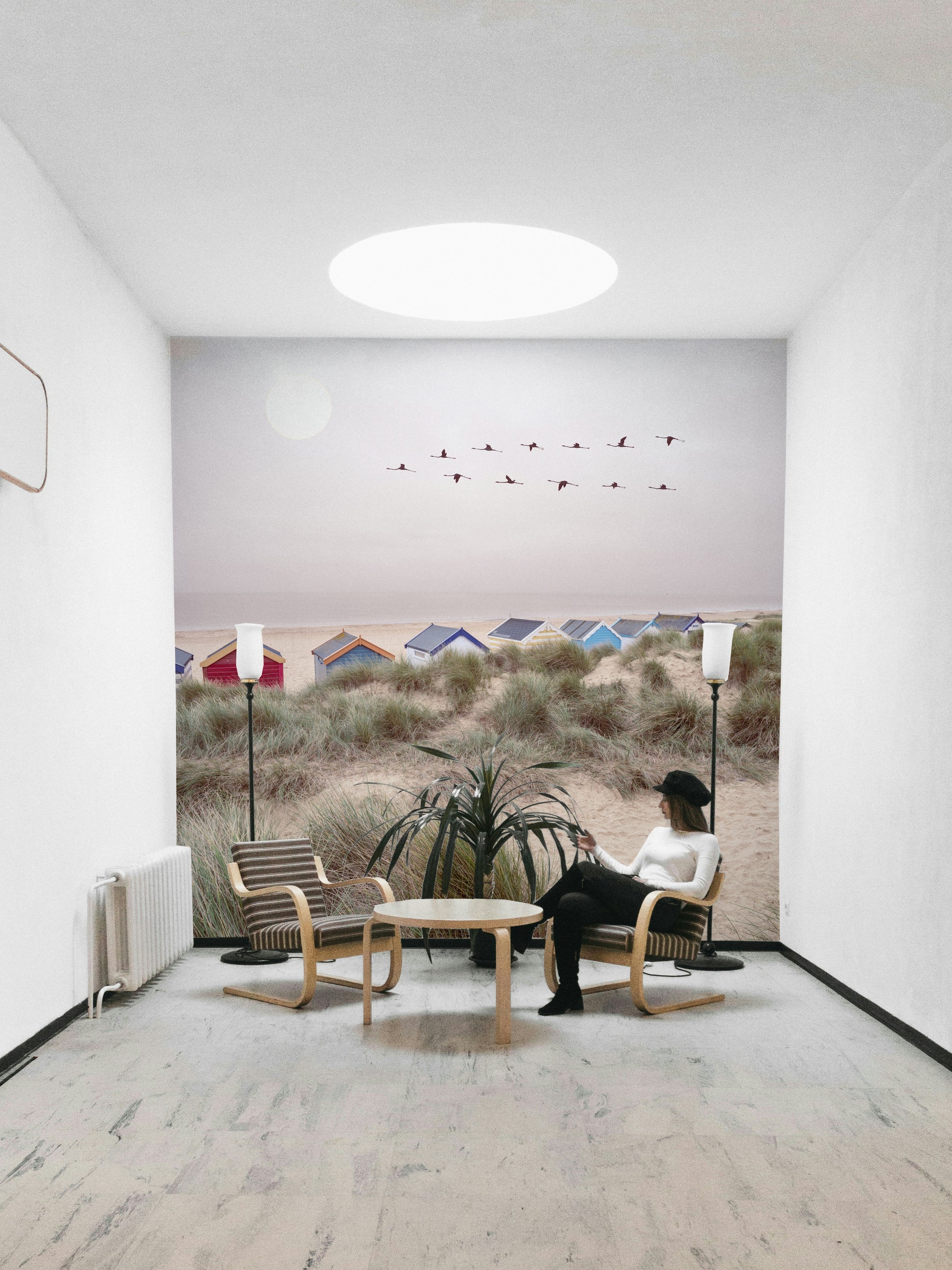 Sandy Shore Escape Wall Mural with soft beach and wave design.

