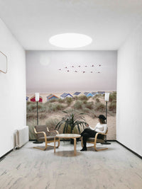 Sandy Shore Escape Wall Mural with soft beach and wave design.

