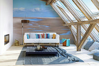 Open coastal mural design with soft browns and sky blues.

