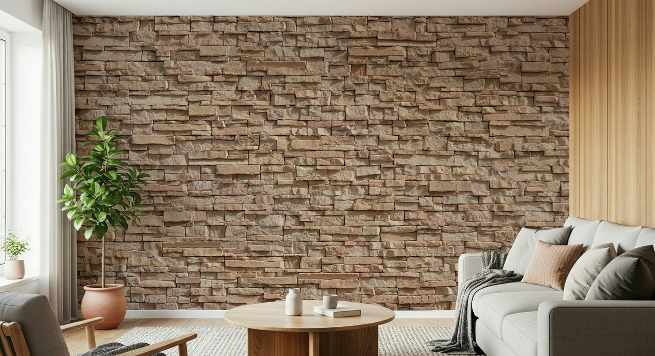 Stone Cladding Illusion Wall Mural featuring realistic layered stone textures for a 3D accent wall effect.