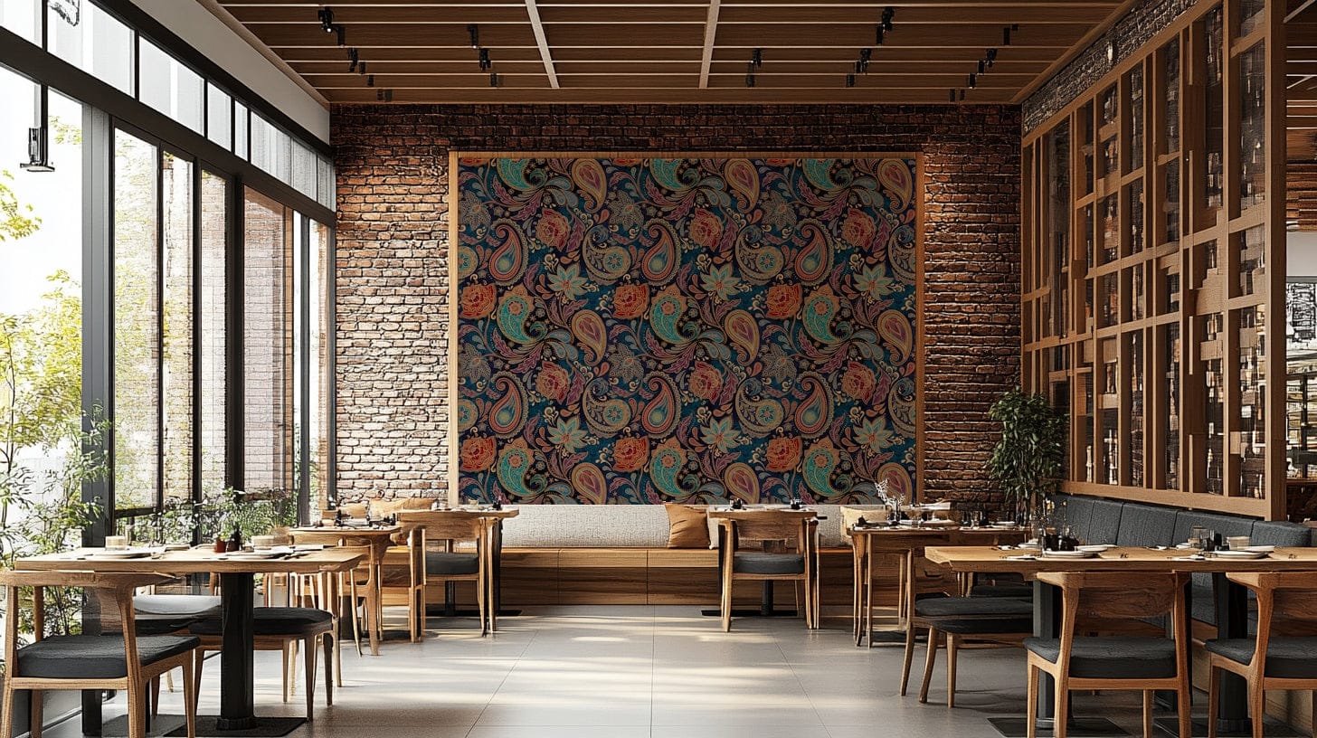 The mural is created for an entire wall, providing a luxurious backdrop.
