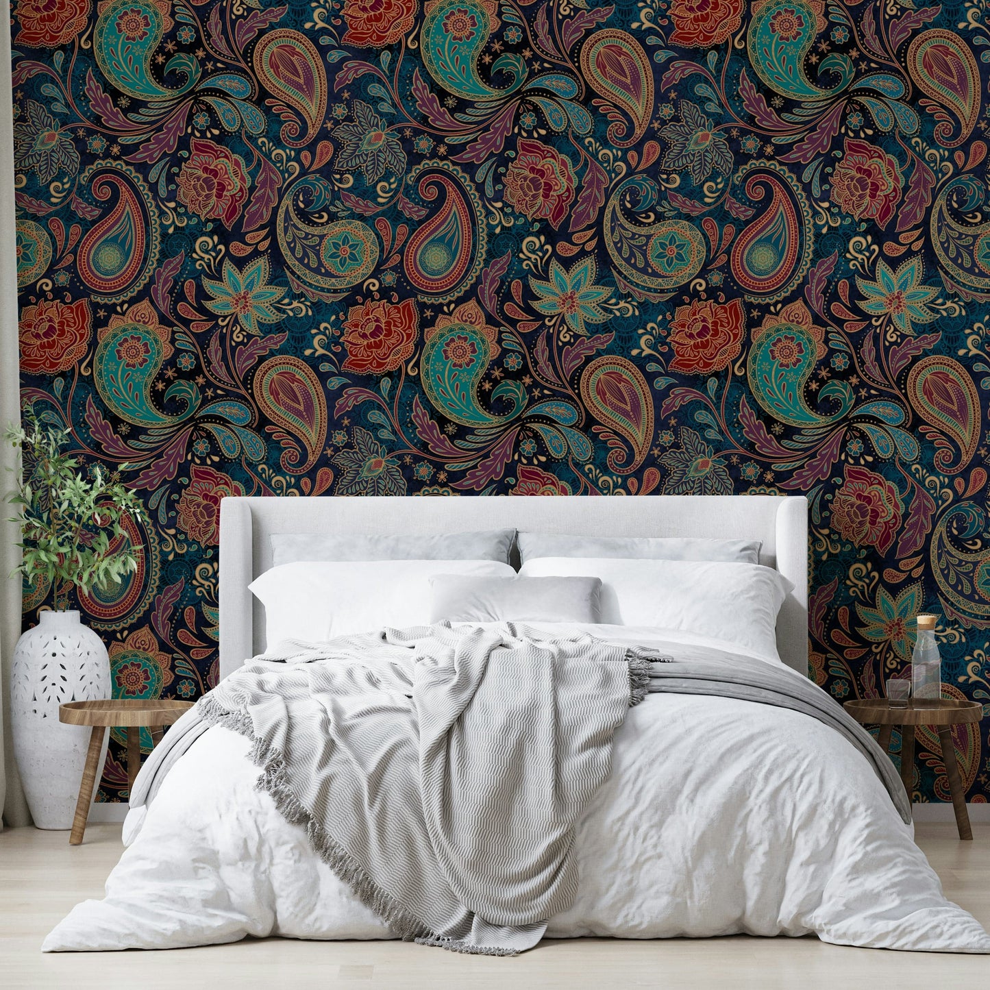 The pattern is detailed and bohemian-inspired.
