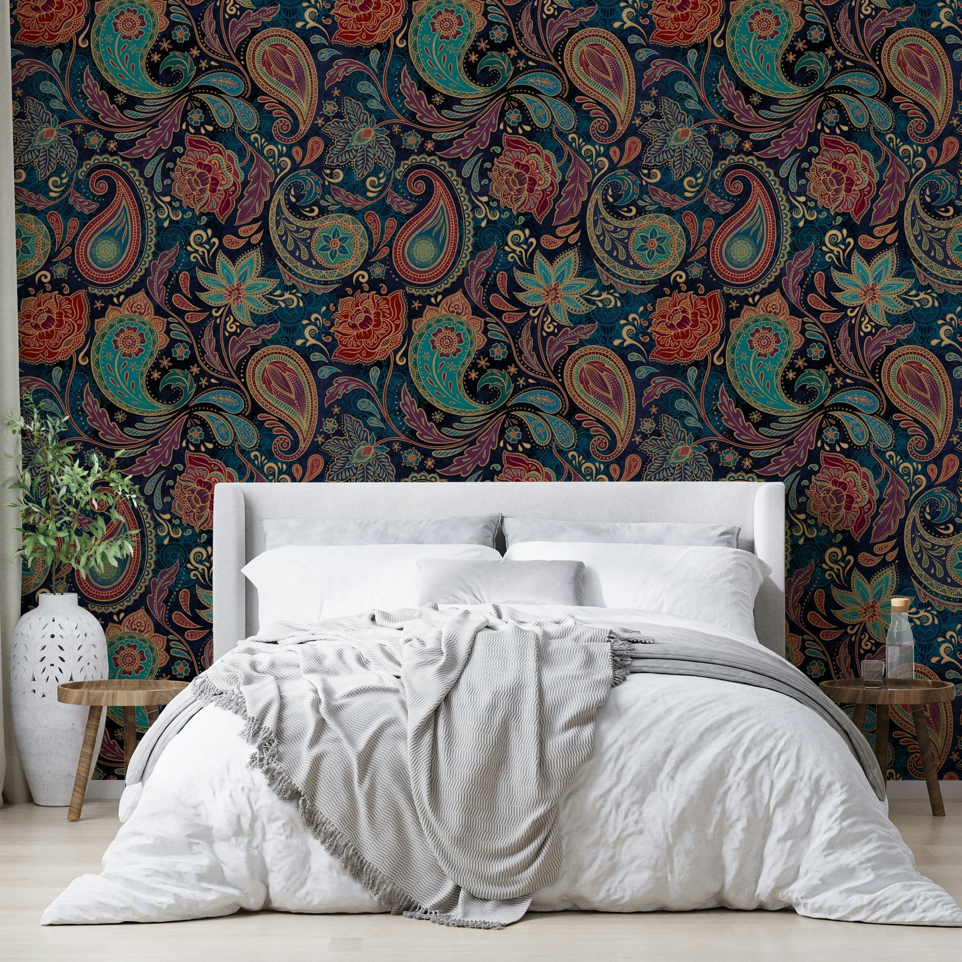 The pattern is detailed and bohemian-inspired.

