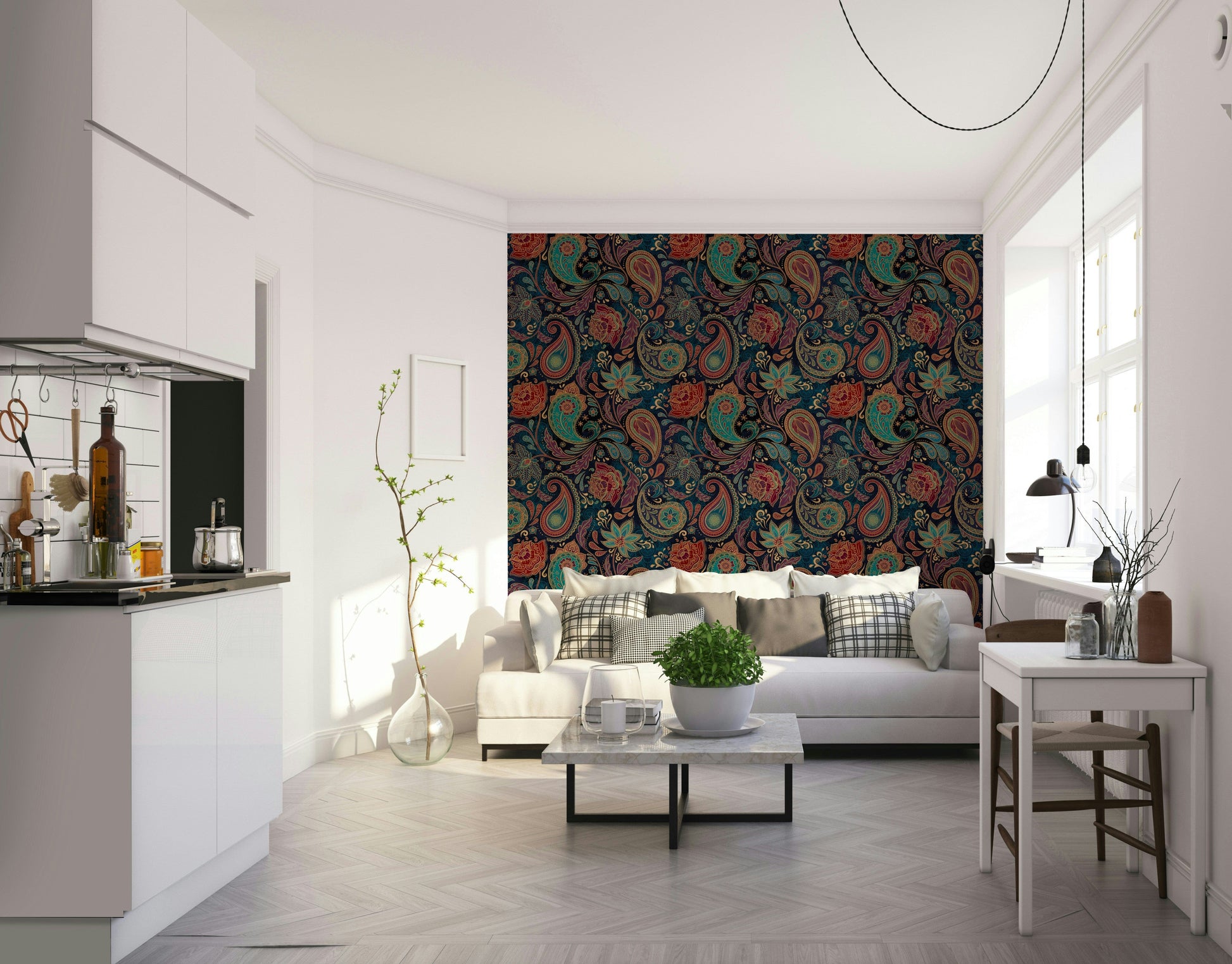 The design is rich with jewel-toned colors, with an emphasis on deep sapphire blue.
