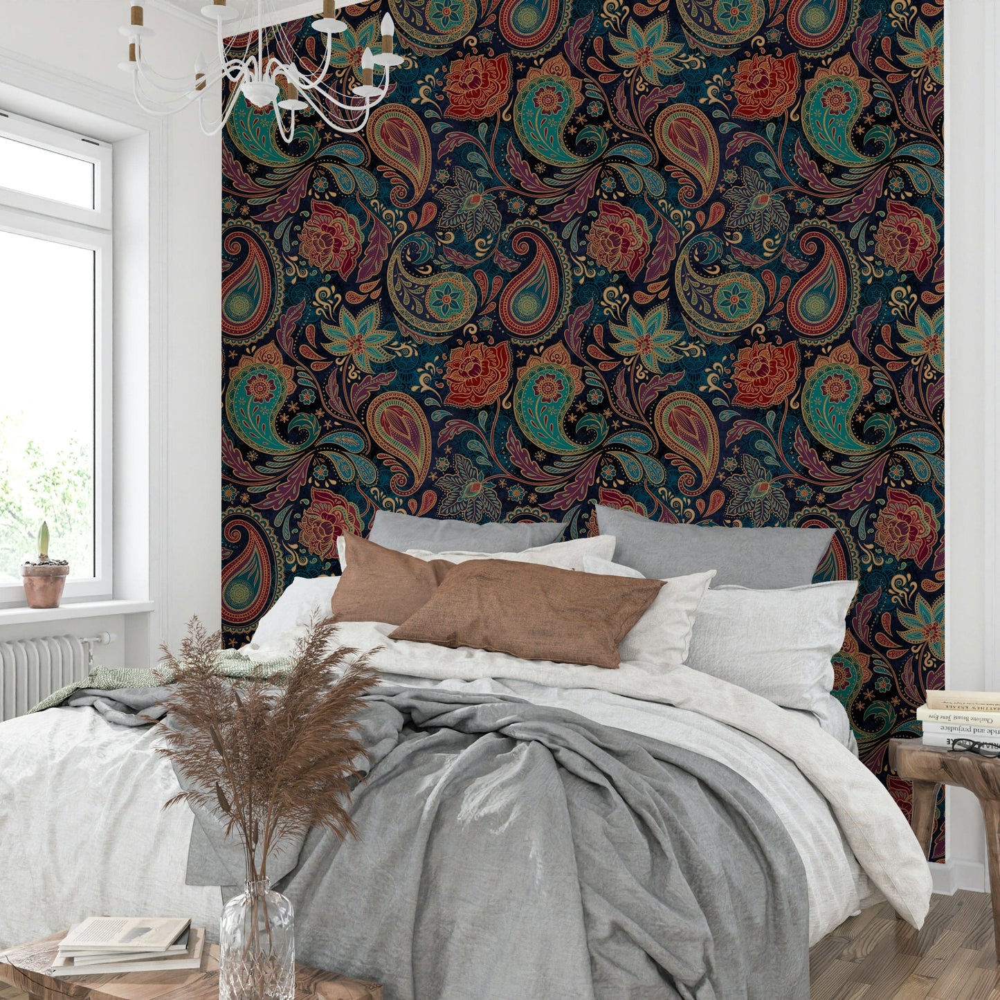A full-wall mural showing an intricate paisley pattern.
