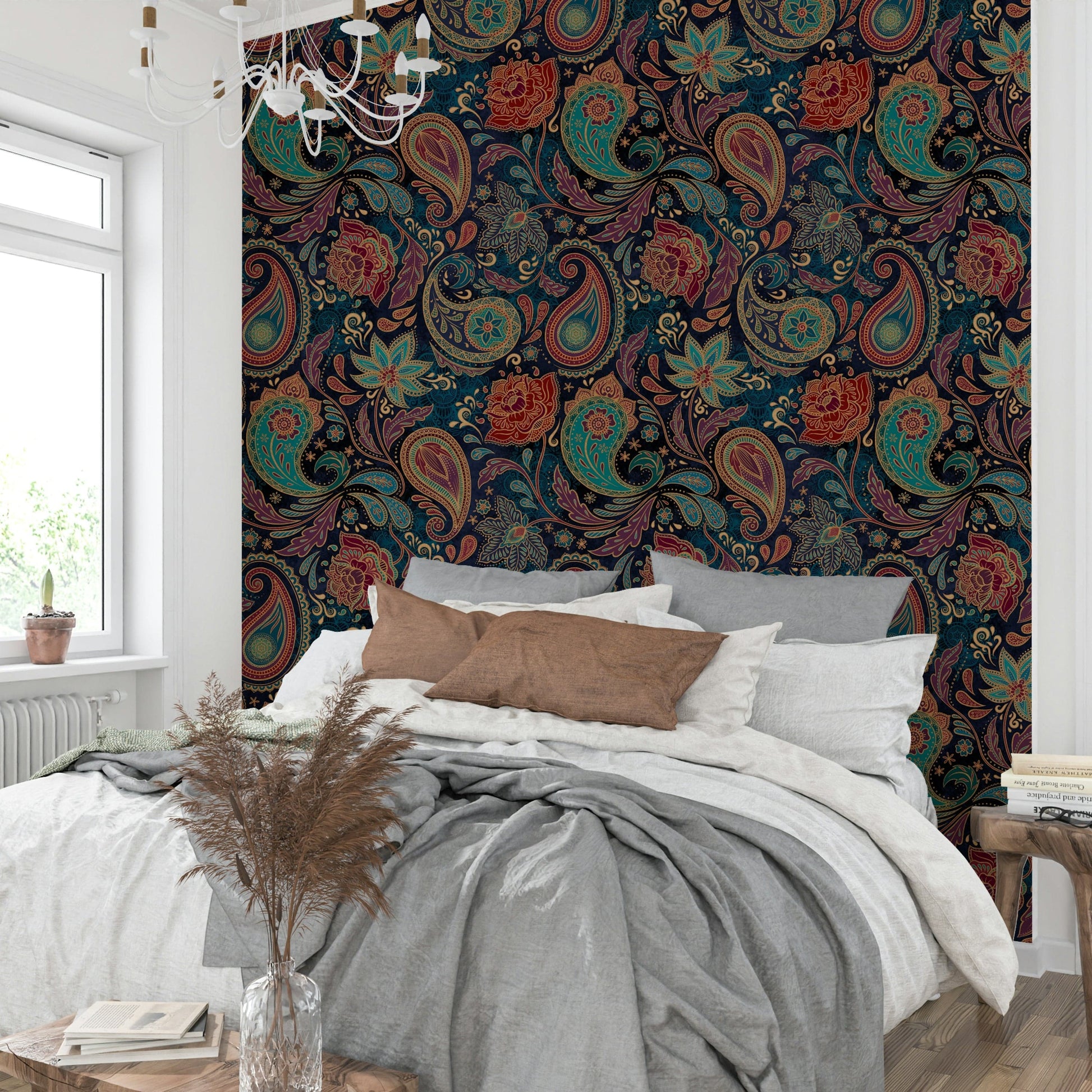 A full-wall mural showing an intricate paisley pattern.
