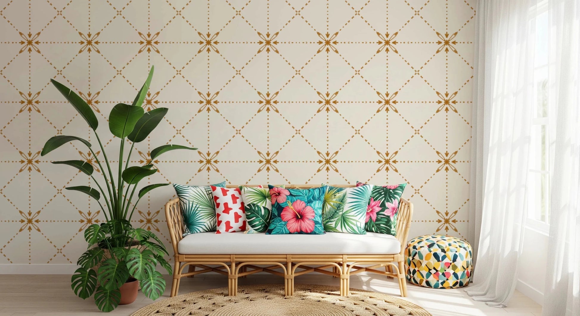 Sashiko Hana - Goshi - Latticed Flower Stitch Gold Wallpaper⁠
