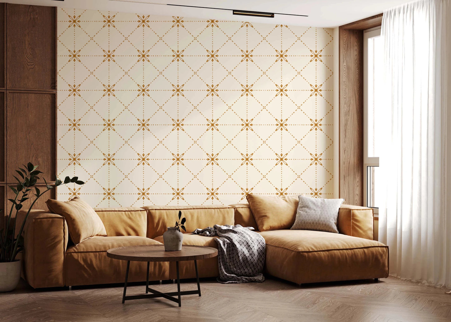 Sashiko Hana - Goshi - Latticed Flower Stitch Gold Wallpaper⁠