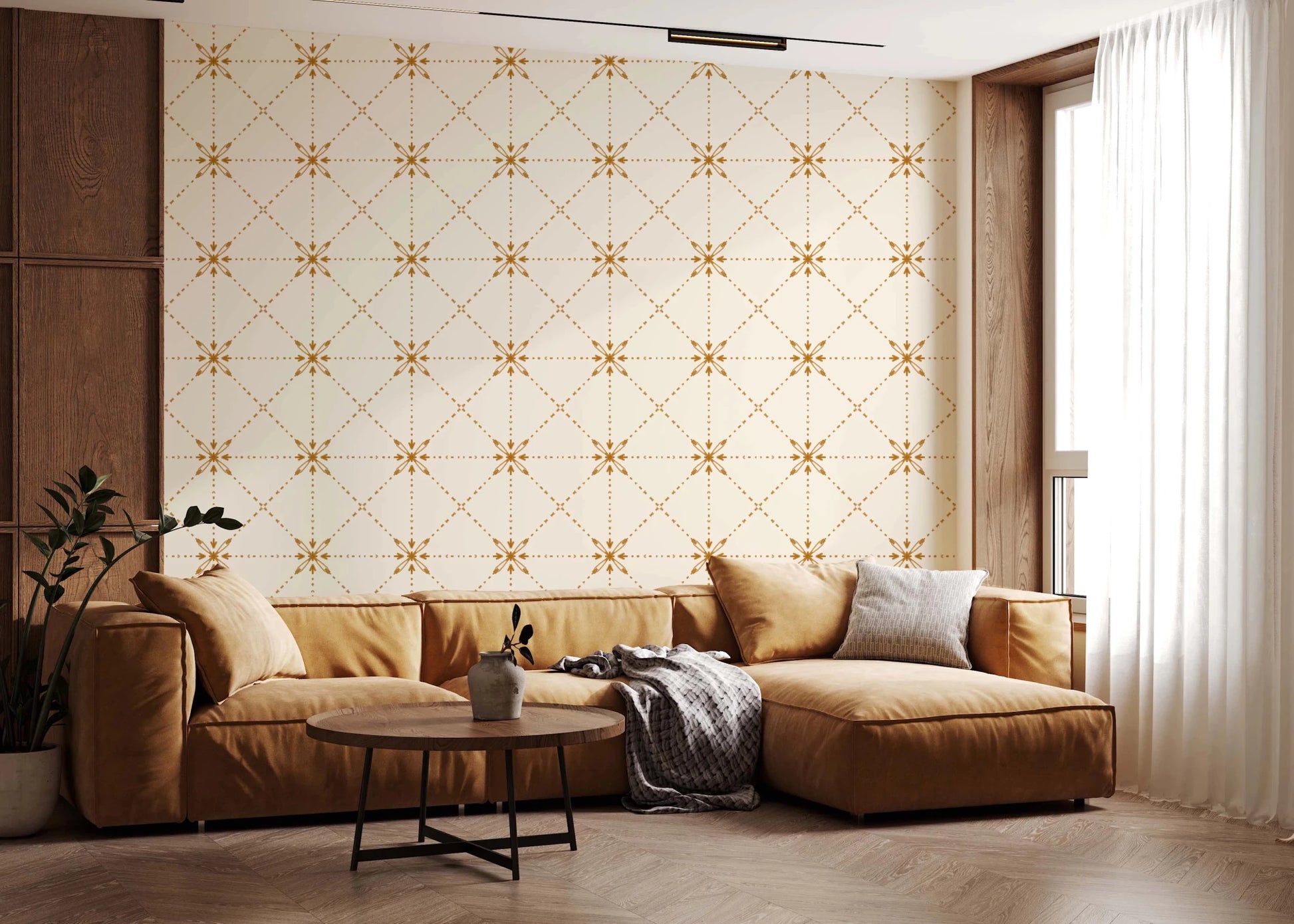 Sashiko Hana - Goshi - Latticed Flower Stitch Gold Wallpaper⁠