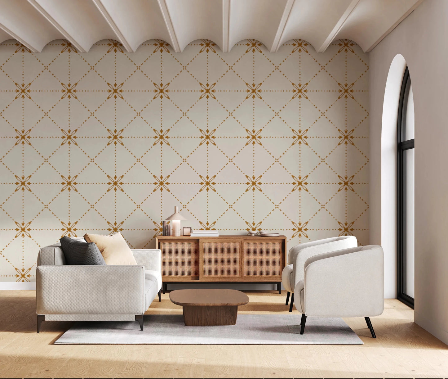 Sashiko Hana - Goshi - Latticed Flower Stitch Gold Wallpaper⁠
