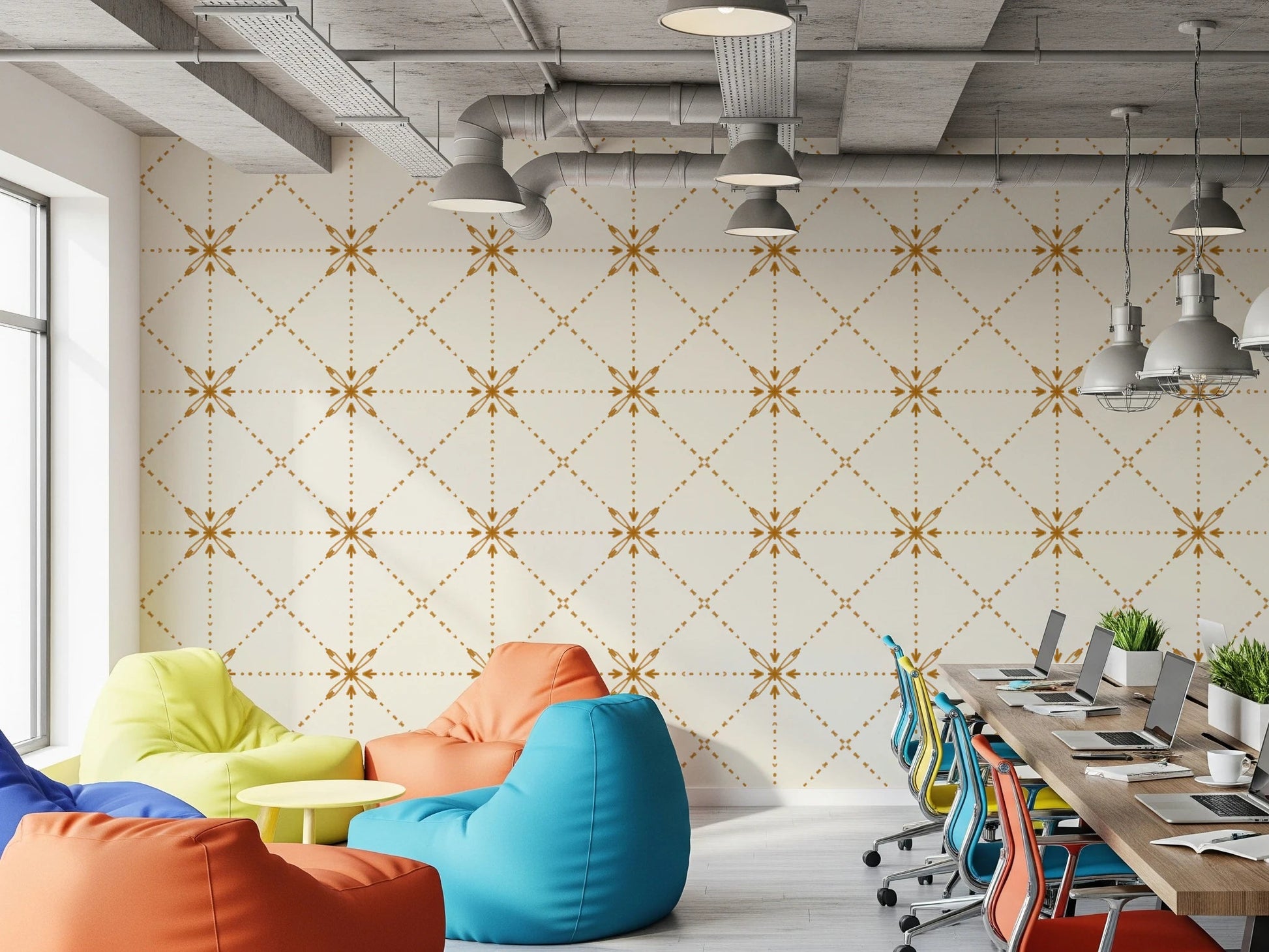 Sashiko Hana - Goshi - Latticed Flower Stitch Gold Wallpaper⁠