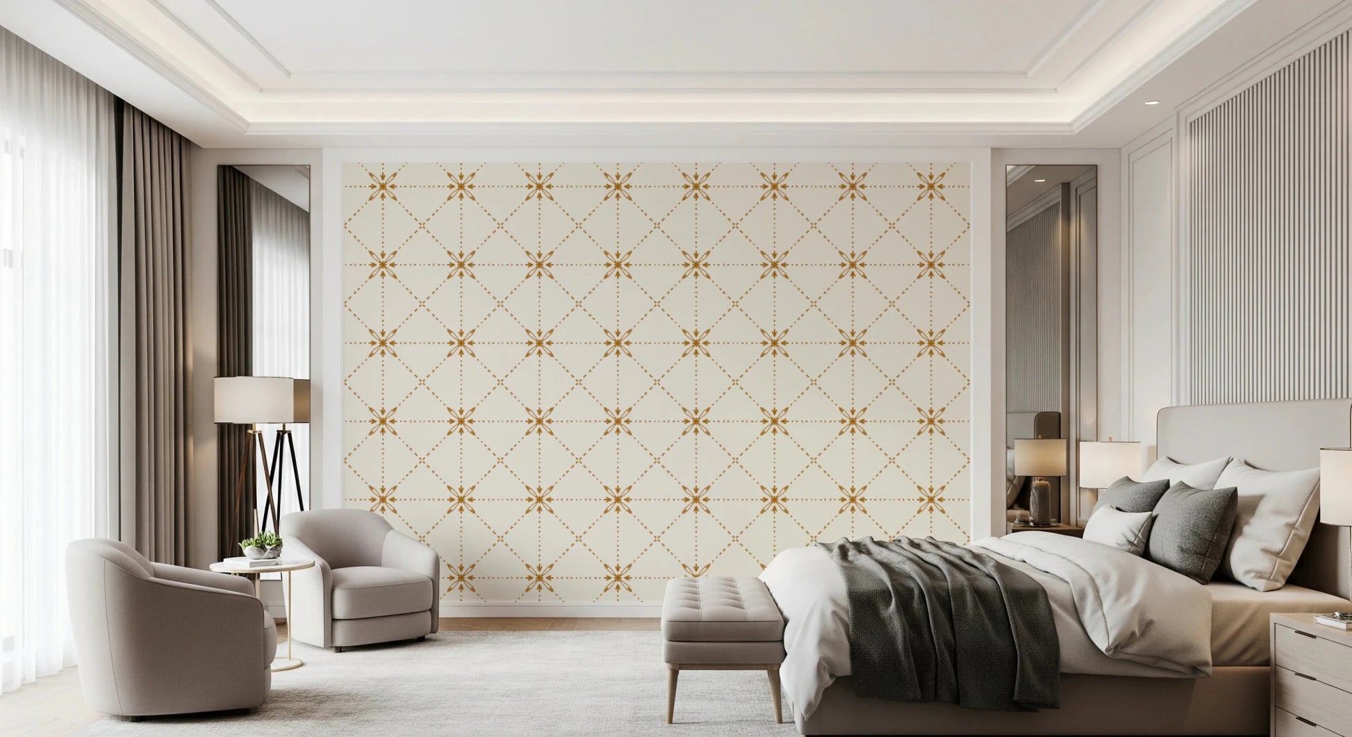 Sashiko Hana - Goshi - Latticed Flower Stitch Gold Wallpaper⁠