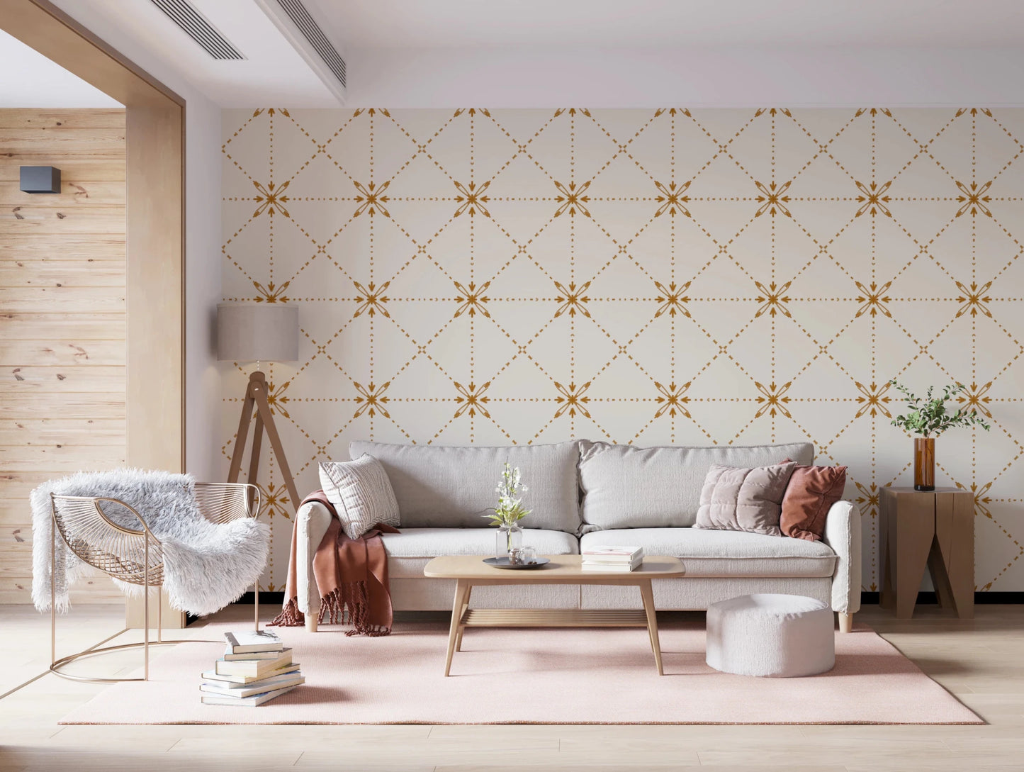 Sashiko Hana - Goshi - Latticed Flower Stitch Gold Wallpaper⁠