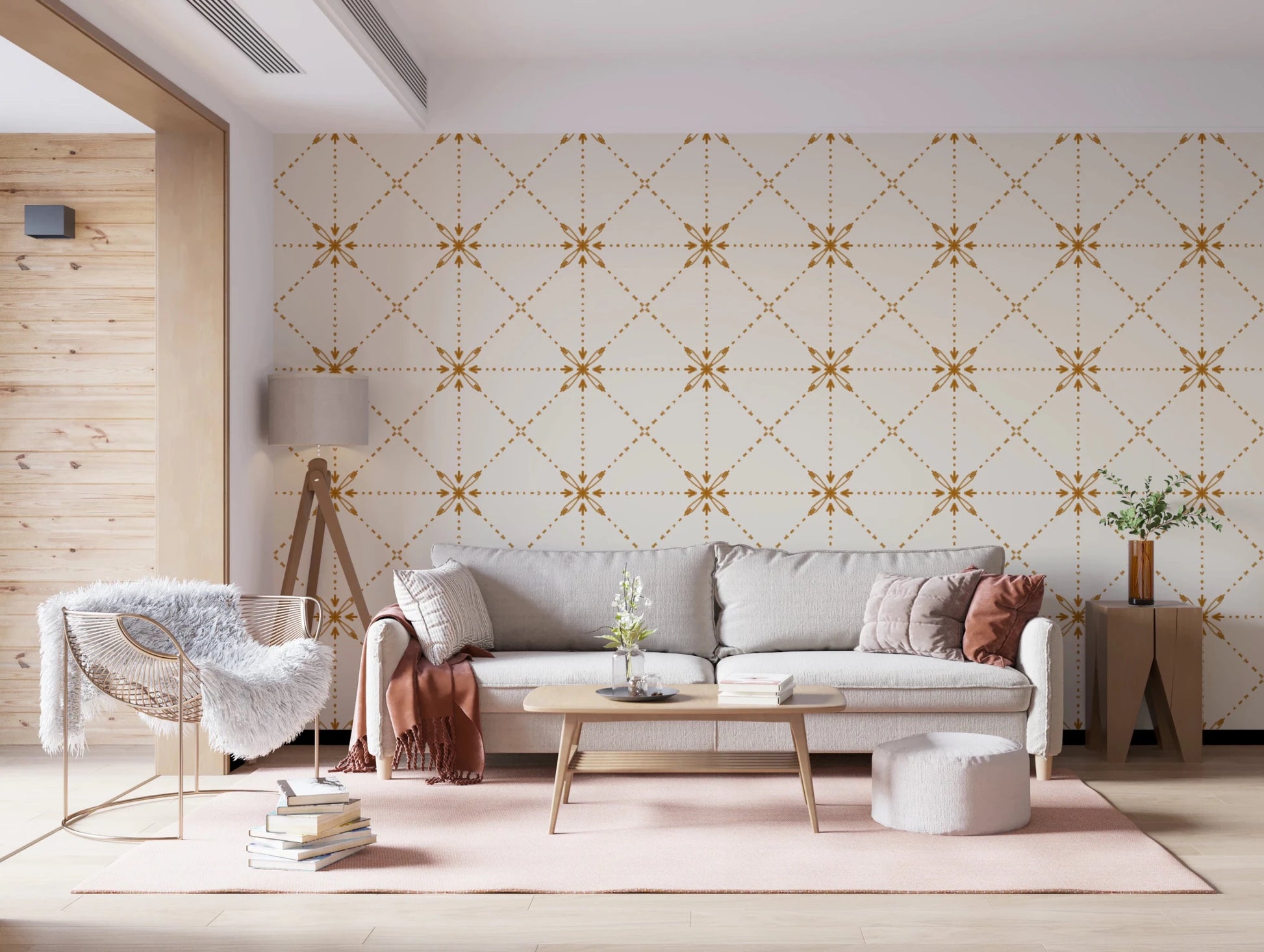 Sashiko Hana - Goshi - Latticed Flower Stitch Gold Wallpaper⁠