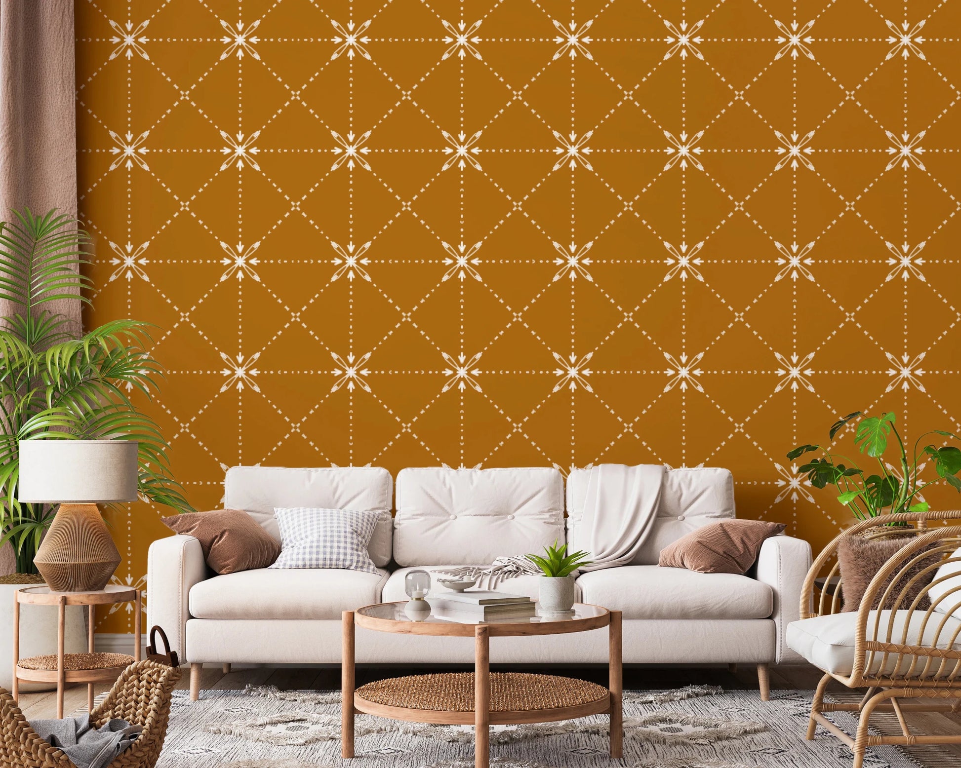 Sashiko Hana - Goshi - Latticed Flower Stitch On Gold Wallpaper⁠