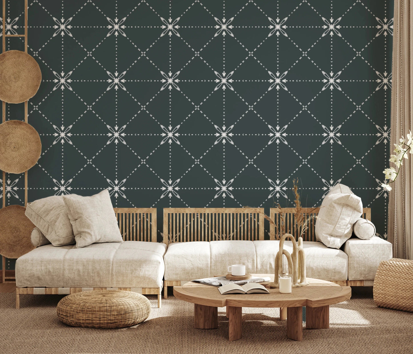 Sashiko Hana - Goshi - Latticed Flower Stitch On Outer Space Wallpaper⁠