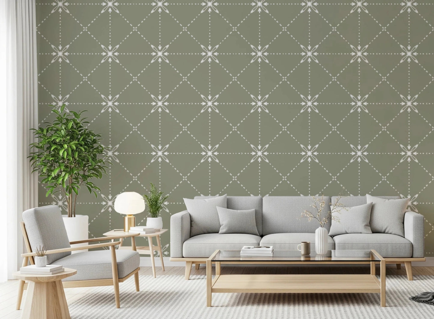 Sashiko Hana - Goshi - Latticed Flower Stitch On Sage Wallpaper⁠