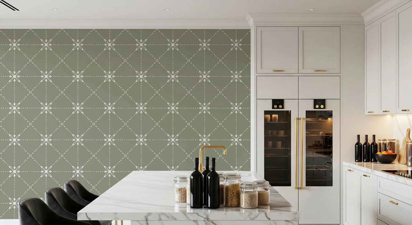 Sashiko Hana - Goshi - Latticed Flower Stitch On Sage Wallpaper⁠